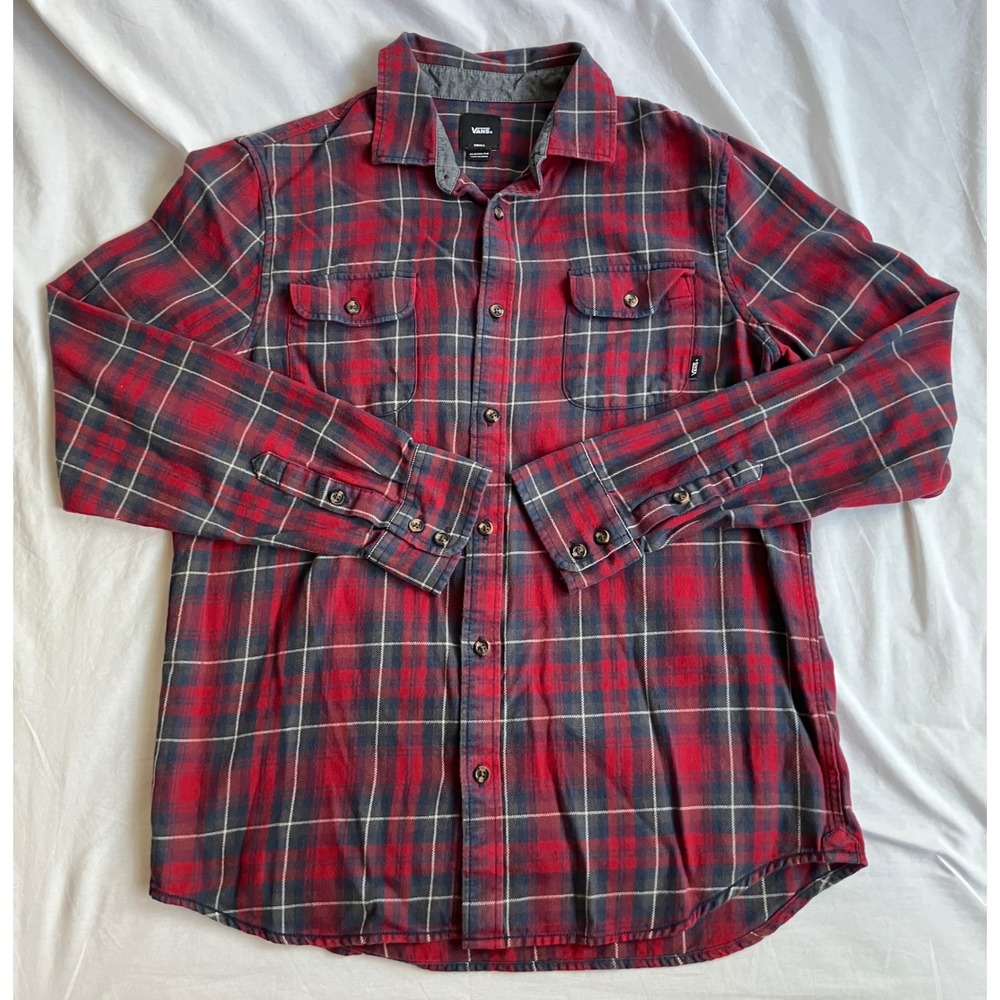Vans Classic Fit Mens Flannel Shirt Button Up Red Gray Plaid Casual Small